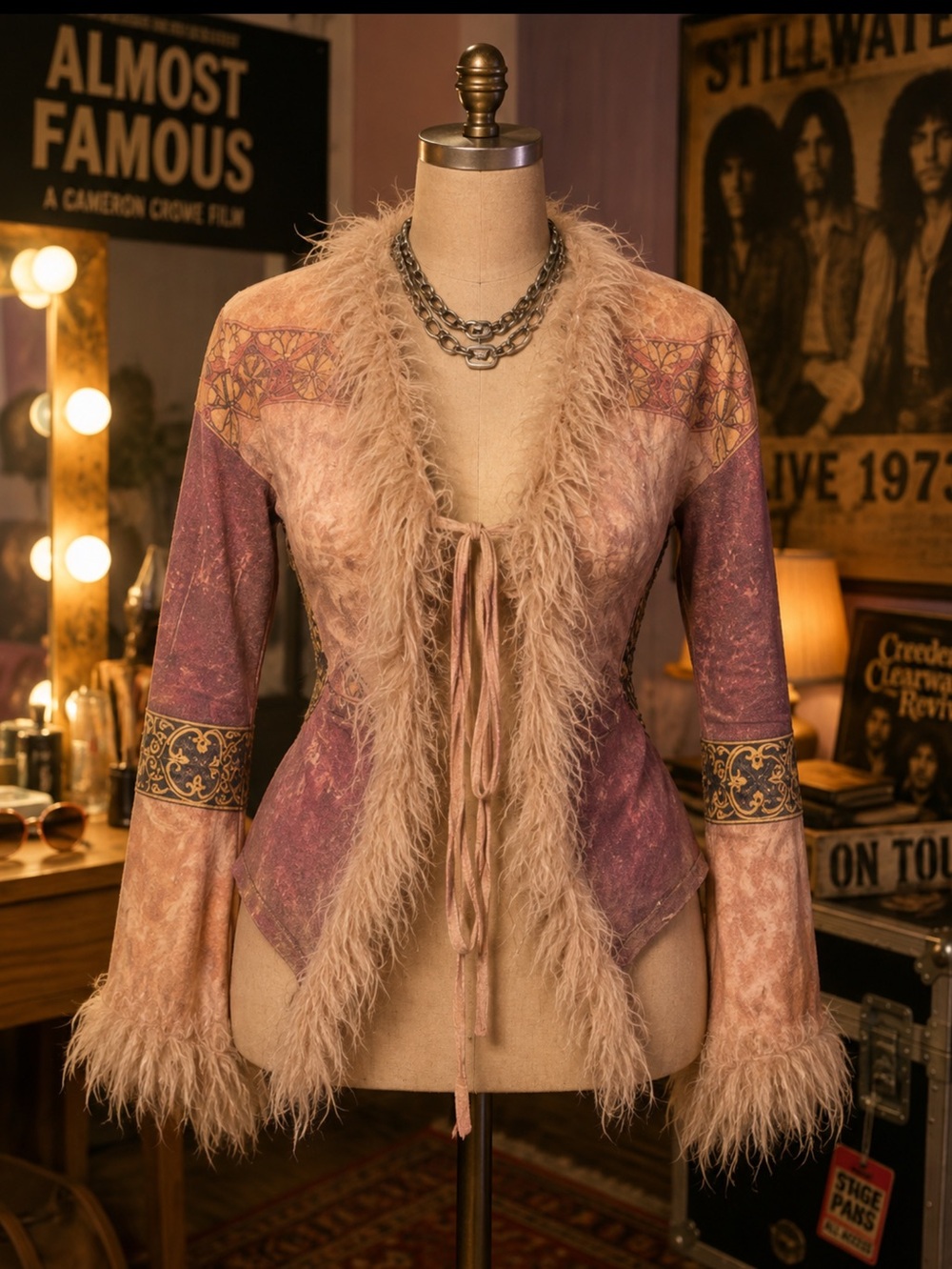 Vintage Y2K Penny Lane vibes Feather-Trimmed Bohemian Robe Jacket